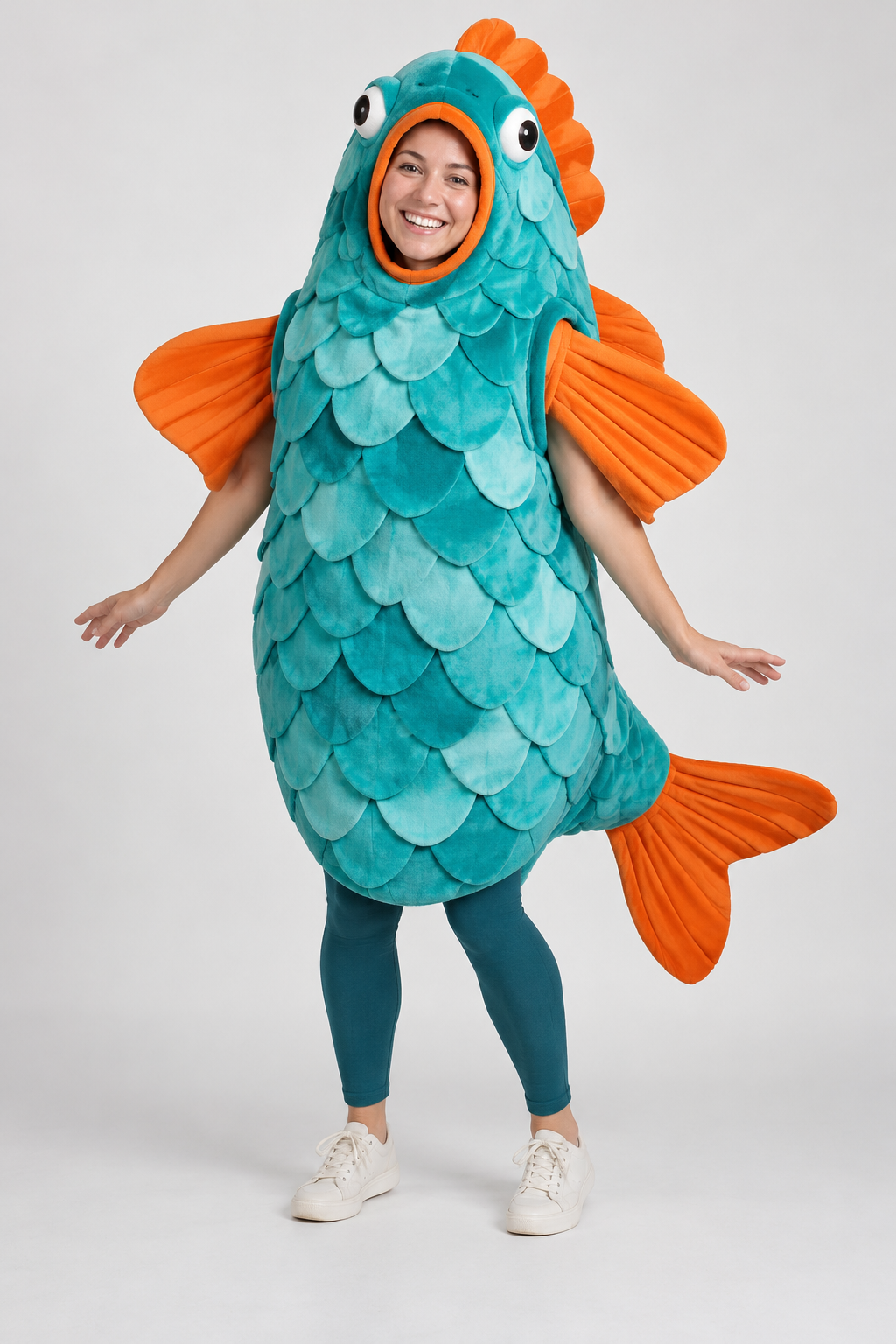 A smiling person wearing a teal fish Halloween costume with orange fins.